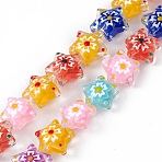 Glass Beads Strands, Hand Painted Beads, with Enamel, Star with Sakura Pattern, Mixed Color, 13x13.5x6~7mm, Hole: 1mm, about 33pcs/strand, 14.72 inch(37.4cm)(X1-LAMP-F029-03F)