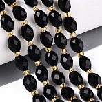Natural Black Obsidian Beads Strands, Faceted, Oval, with Seed Beads, 8~9x6~8mm, Hole: 1~1.2mm, about 17~19pcs/strand, 7.09~7.87 inch(18~20cm)(G-N342-53-8x6-01)