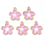 Transparent Epoxy Resin Pendants, with Light Gold Alloy Findings, Glitter Powder, Flower, Plum, 18x15x3mm, Hole: 1.6mm(X-RESI-R434-01C)