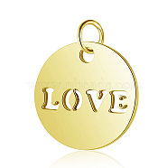 304 Stainless Steel Charms, Flat Round with Word LOVE, Golden, 12x1mm, Hole: 2.5mm(STAS-S105-T520G)