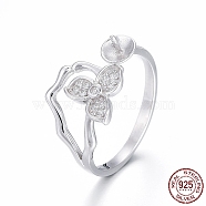 Rhodium Plated 925 Sterling Silver Cuff Rings, Open Rings Components, For Half Drilled Beads, with Cubic Zirconia, Flower, Platinum, Size 7, 17mm, Tray: 4.5mm, Pin: 0.8mm(STER-F048-11P)