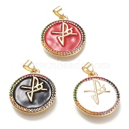 Brass Micro Pave Cubic Zirconia Pendants, with Enamel, Real 18K Gold Plated, Flat  Round with Faith Cross, Mixed Color, 23x20x2mm, Hole: 3x5.5mm(ZIRC-F116-01-G)
