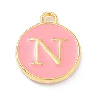 Golden Plated Alloy Enamel Charms, Enamelled Sequins, Flat Round with Alphabet, Letter.N, Pink, 14x12x2mm, Hole: 1.5mm(X-ENAM-Q437-14N)