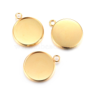 Rack Plating 304 Stainless Steel Pendant Cabochon Settings, Plain Edge Bezel Cups, Flat Round, Real 24K Gold Plated, Tray: 16mm, 21.5x18x2mm, Hole: 2.2mm(STAS-F191-14G-E)