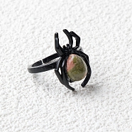 Natural Unakite Spider Open Cuff Rings, Gunmetal Tone Metal Finger Rings for Unisex, Inner Diameter: Adjustable(PW-WGC70E9-26)