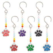 12Pcs 6 Colors Alloy Enamel Dog Paw Print Pendant Decorations, with Glass Beads and Stainless Steel S-Hook Clasps, Mixed Color, 70mm, 2pcs/color(HJEW-AB00266)