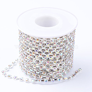 Brass Rhinestone Strass Chains, with Spool, Rhinestone Cup Chains, Silver Color Plated, Crystal AB, 2mm, about 10yards/roll(CHC-T002-SS6-02S)