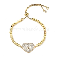 Rack Plating Brass Micro Pave Cubic Zirconia Silder Bracelets, Cadmium Free & Lead Free, Long-Lasting Plated, Heart, Real 18K Gold Plated, Inner Diameter: 2-1/8~2-7/8 inch(5.3~7.3cm)(BJEW-P341-03G)