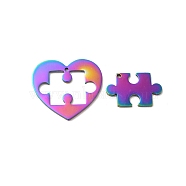 Ion Plating(IP) 304 Stainless Steel Split Pendants, Heart and Puzzle Charm, Rainbow Color, 25x28x1.5mm, Hole: 1.5mm(STAS-H212-12MC)