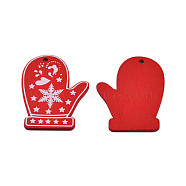 Christmas Spray Painted Wood Big Pendants, with Single-Sided Printed, Glove Charm with Snowflake Pattern, Red, 52x42.5x2.5mm, Hole: 3mm(WOOD-N005-102A)