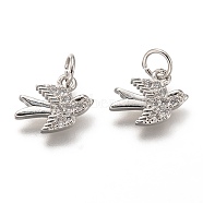 Brass Micro Pave Clear Cubic Zirconia Charms, Long-Lasting Plated, with Jump Ring, Bird, Platinum, 9x12x2mm, Hole: 3mm(ZIRC-C020-48P)