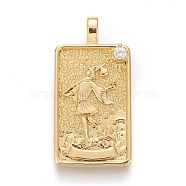 Brass Micro Pave Clear Cubic Zirconia Pendants, Real 18K Gold Plated, Tarot Card Charms, The Fool, The Fool 0, 30x15x4mm, Hole: 3~4mm(ZIRC-Z004-01P)