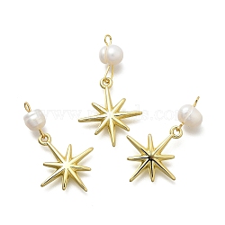 Brass & Natural Pearl Star Pendants, Rack Plating, Long-Lasting Plated, Cadmium Free & Lead Free, Real 18K Gold Plated, 30mm, Hole: 1.8mm(KK-Z093-40G)