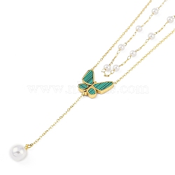 Ion Plating(IP) Golden Tone 304 Stainless Steel Double Layer Butterfly Pendant Necklaces for Women, with Plastic, Green, 16.22 inch(41.2cm)(NJEW-K276-08G-03)