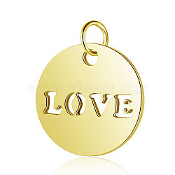 304 Stainless Steel Charms, Flat Round with Word LOVE, Golden, 12x1mm, Hole: 2.5mm(STAS-S105-T520G)