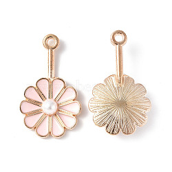 Alloy Enamel Pendants, with ABS Plastic Imitation Pearls, Light Gold, Flower Charm, Pink, 26x15x4.5mm, Hole: 1.5mm(PALLOY-F288-02B)
