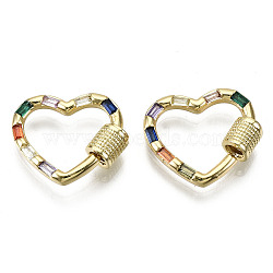 Brass Micro Pave Cubic Zirconia Screw Carabiner Lock Charms, for Necklaces Making, Nickel Free, Heart, Colorful, Real 16K Gold Plated, 16x19x2.5mm, Screw: 5.5x5mm(ZIRC-S066-043-NF)