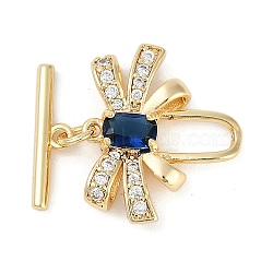 Brass Micro Pave Clear Cubic Zirconia Toggle Clasps, with Glass, Bowknot, Real 18K Gold Plated, Bowknot: 17.5x20.5x4.5mm, Hole: 1.2mm, Bar: 17x4.5x2mm, Hole: 1.4mm(KK-K391-20G)