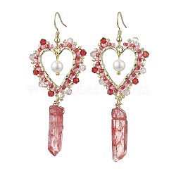 304 Stainless Steel Dangle Earring, with Seed Glass and Crackle Quartz Crystal, Indian Red, 75x30mm(EJEW-MZ00195)