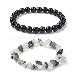 2Pcs 2 Style Opalite Chip & Natural Tiger Eye & Natural Black Onyx Beaded Stretch Bracelets Set, Stackable Bracelets, Black, Inner Diameter: 2-1/2~2-3/4 inch(6.2~7cm), 1Pc/style(BJEW-TA00411)