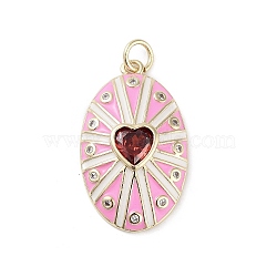 Rack Plating Brass Micro Pave Clear Cubic Zirconia Pendants, with Enamel, Long-Lasting Plated, Lead Free & Cadmium Free, Oval with Heart Charms, Pearl Pink, 26x16x4mm, Hole: 3.5mm(X-KK-H474-23G-02)