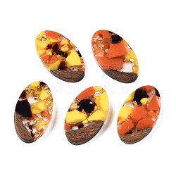 Transparent Resin and Walnut Wood Pendants, Oval Charms with Gold Foil, Gold, 22x12.5x3.5mm, Hole: 2mm(RESI-T057-03M)