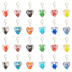 24Pcs 12 Colors Handmade Luminous Lampwork Pendant Decorations, with Alloy Lobster Claw Clasps, Heart, Mixed Color, 33mm, 2pcs/color(HJEW-AB00274)