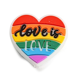 Pride Heart with Word Love is Love Silicone Focal Beads, Chewing Beads  For Teethers, DIY Nursing Necklaces Making, Colorful, 24x26x7.5mm, Hole: 2mm(SIL-H005-03)