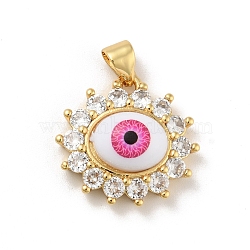 Brass Micro Pave Cubic Zirconia Pendants, with Acrylic, Cadmium Free & Lead Free, Long-Lasting Plated, Evil Eye, Real 18K Gold Plated, Deep Pink, 18x18.5x6mm, Hole: 4x3.5mm(KK-B059-45G-C)