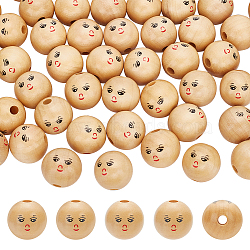 100Pcs Natural Wood European Beads, Large Hole Beads, Round with Smile Face Print, BurlyWood, 14.5x13.5mm, Hole: 4mm(OPDL-FG0001-01)