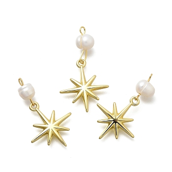 Brass & Natural Pearl Star Pendants, Rack Plating, Long-Lasting Plated, Cadmium Free & Lead Free, Real 18K Gold Plated, 30mm, Hole: 1.8mm