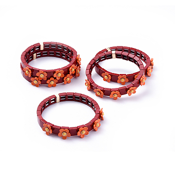 (Jewelry Parties Factory Sale)Tile Elastic Bracelets, Spray Painted Alloy Stretch Bracelets, with Synthetic Gemstone, Square with Flower, Dark Red, 2 inch(5.1cm)