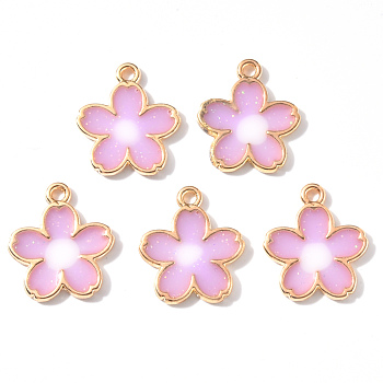 Transparent Epoxy Resin Pendants, with Light Gold Alloy Findings, Glitter Powder, Flower, Plum, 18x15x3mm, Hole: 1.6mm