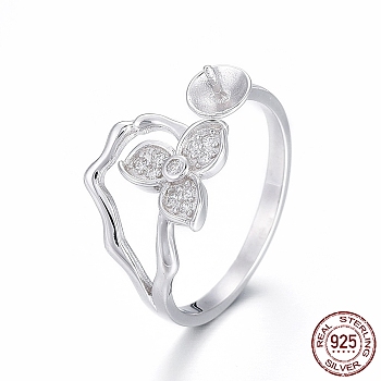 Rhodium Plated 925 Sterling Silver Cuff Rings, Open Rings Components, For Half Drilled Beads, with Cubic Zirconia, Flower, Platinum, Size 7, 17mm, Tray: 4.5mm, Pin: 0.8mm