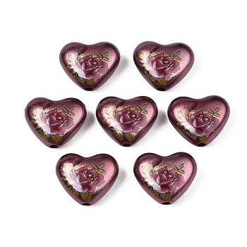 Spray Painted Opaque Acrylic Beads, Heart with Flower, Coconut Brown, 16x19x8mm, Hole: 2mm