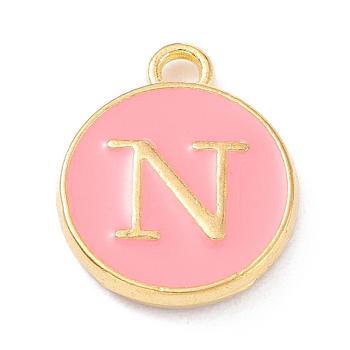 Golden Plated Alloy Enamel Charms, Enamelled Sequins, Flat Round with Alphabet, Letter.N, Pink, 14x12x2mm, Hole: 1.5mm