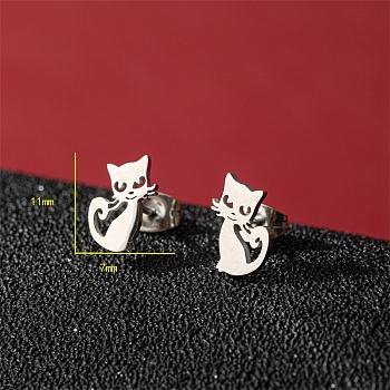 Non-Tarnish Stainless Steel Stud Earrings, Cat Shape, Stainless Steel Color, 11x7mm