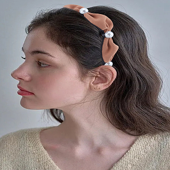 Cloth French Style Vintage Head Bands, with Plastic Pearl, Saddle Brown, 1pc