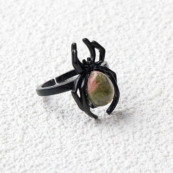 Natural Unakite Spider Open Cuff Rings, Gunmetal Tone Metal Finger Rings for Unisex, Inner Diameter: Adjustable