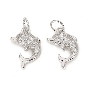 Brass Micro Pave Cubic Zirconia Charms, with Jump Rings, Dolphin, Clear, Platinum, 14x9x2.5mm, Jump Rings: 4.8x0.8mm, 3.2mm Inner Diameter