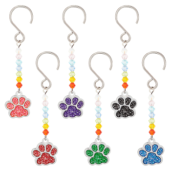 12Pcs 6 Colors Alloy Enamel Dog Paw Print Pendant Decorations, with Glass Beads and Stainless Steel S-Hook Clasps, Mixed Color, 70mm, 2pcs/color