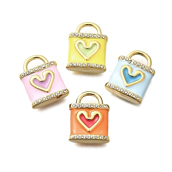 304 Stainless Steel Pendants, with Rhinestone and Enamel, Ion Plating(IP), Lock, Real 14K Gold Plated, Mixed Color, 17x13.5x5.5mm, Hole: 3x5.5mm