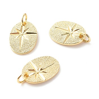 Brass Pendants, with Jump Ring, Cadmium Free & Lead Free, Oval with Grooved Eight Point Star, Real 18K Gold Plated, 18.5x11x1mm, Hole: 3.5mm