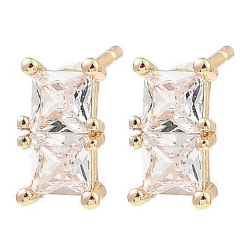 Brass Pave Clear Cubic Zirconia Rectangle Stud Earrings for Women, Light Gold, 10x5.5mm