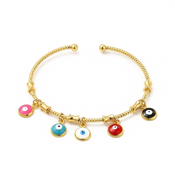 Colorful Enamel Evil Eye Charms Cuff Bangle, Real 18K Gold Plated Brass Jewelry for Women, Cadmium Free & Lead Free, Real 18K Gold Plated, Inner Diameter: 2 inch(5.2cm)