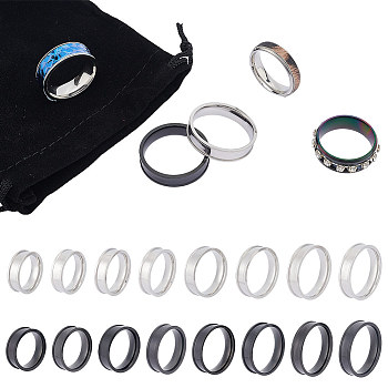 16Pcs 16 Styles 201 Stainless Steel Grooved Finger Ring Settings, Ring Core Blank, for Inlay Ring Jewelry Making, Electrophoresis Black & Stainless Steel Color, US Size 5 1/4~14(15.9~23mm), 1Pc/style