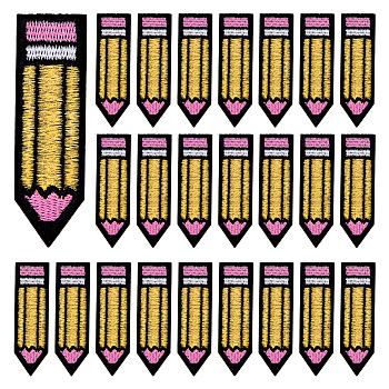 24Pcs Embroidery Thread Clothing Patches, Pencil, with Hot Melt Adhesive, Yellow, 69x20x2mm