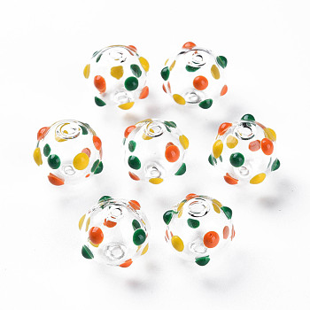 Transparent Glass Enamel Beads, Round with Dot, Yellow, 14x13mm, Hole: 2mm
