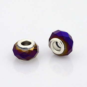Faceted Glass European Beads, Large Hole Rondelle Beads, with Silver Color Plated Brass Cores, Full Purple Plated, 14x9mm, Hole: 5mm