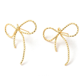 Brass Stud Earrings for Women, Bowknot, Real 18K Gold Plated, 37.5x34mm